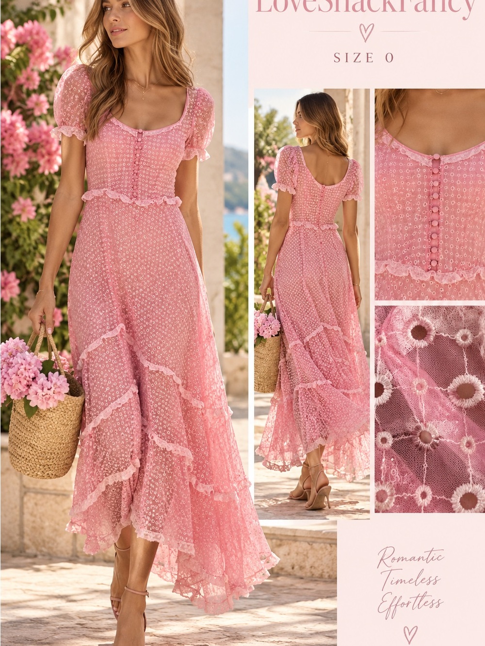 LoveShackFancy Pink Eyelet Lace Maxi Dress with Puff Sleeves